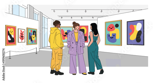 Gen Z friends visiting modern art gallery and taking photos of paintings. Creative culture lifestyle and contemporary youth interest vector illustration