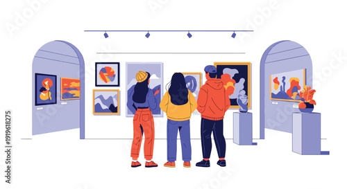 Gen Z friends visiting modern art gallery and taking photos of paintings. Creative culture lifestyle and contemporary youth interest vector illustration