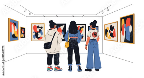Gen Z friends visiting modern art gallery and taking photos of paintings. Creative culture lifestyle and contemporary youth interest vector illustration