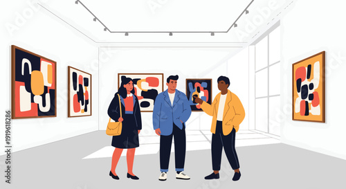 Gen Z friends visiting modern art gallery and taking photos of paintings. Creative culture lifestyle and contemporary youth interest vector illustration