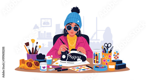 Gen Z young person customizing sneakers and clothing with paint and stickers. Creative hobby, personal style and DIY fashion culture vector illustration