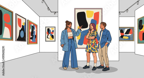 Gen Z friends visiting modern art gallery and taking photos of paintings. Creative culture lifestyle and contemporary youth interest vector illustration