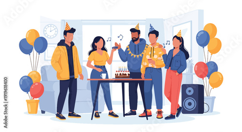 Gen Z friends celebrating birthday party at home with cake and balloons. Youth friendship lifestyle and joyful social gathering vector illustration