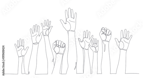 Continuous line drawing of raised hands in various gestures.