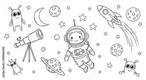 Cute Astronaut and Alien Characters in Space Doodle Art.