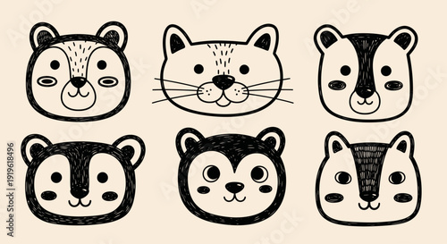 Cute Hand Drawn Animal Faces Collection.
