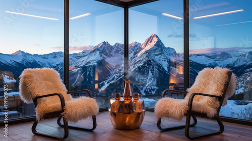 Luxuriöses Panoramafenster mit Blick auf verschneite Berge
