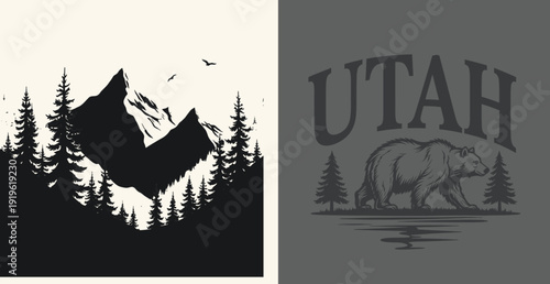 Utah mountain landscape with trees and elephant graphic