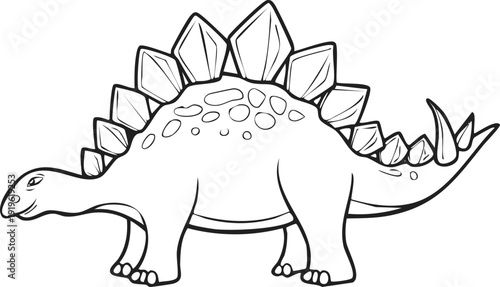 Black and white line drawing of a friendly cartoon style Stegosaurus dinosaur