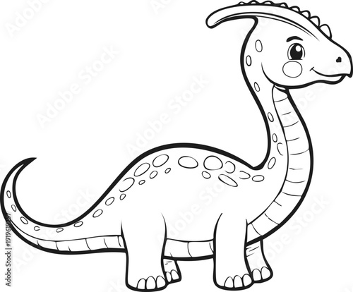 Black and white line drawing of a friendly cartoon diplodocus dinosaur