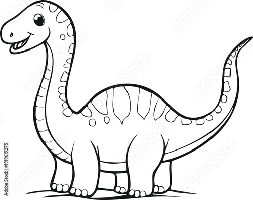 Black and white line drawing of a friendly cartoon brontosaurus dino