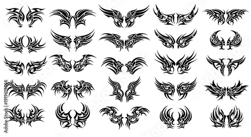 tribal wings tattoo designs, black art, angel wings, decorative elements
