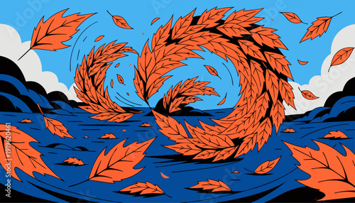 Dynamic composition of bright orange autumn leaves flying and swirling through the air, creating a vivid falling effect that captures movement, seasonal transition, and energetic fall atmosphere.