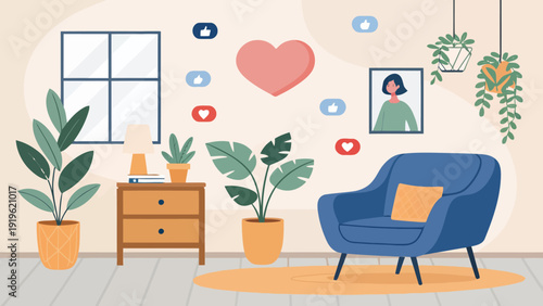 Cozy Interior Space with Blue Armchair, Plants, and Social Media Icons