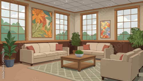 Bright and airy waiting room with comfortable sofas, large windows overlooking greenery, and vibrant floral artwork.