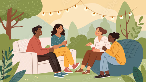 Multicultural friends relaxing and chatting in a garden setting with string lights and comfortable outdoor seating.