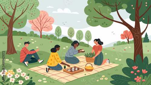 Diverse friends enjoying a delightful summer picnic in a vibrant green park, sharing food and laughter on a checkered blanket.