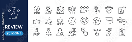 Review icon set. Simple feedback web icon in line style. Customer review, feedback, rating, testimonial, satisfaction, survey.