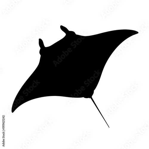 Black silhouette of a manta ray swimming, isolated on a white background, depicting its iconic flat body and wing-like pectoral fins.