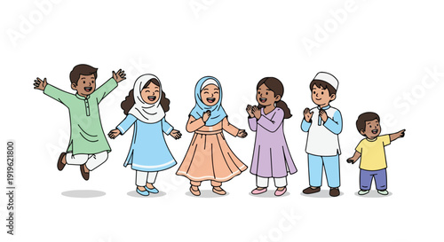 Illustration of a diverse group of children in traditional clothing jumping and playing against a clean white background with colorful outfits.