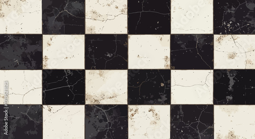 cracked checkerboard tiles, black and white checkered background