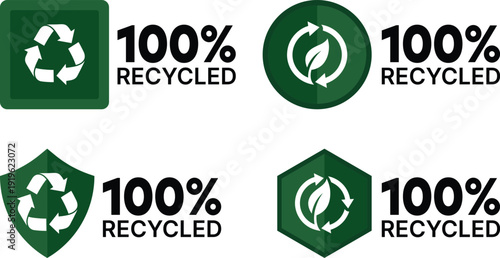 100 Percent Recycled Icon Set with Green Recycling Symbol and Circular Arrow Eco Friendly Label Badges