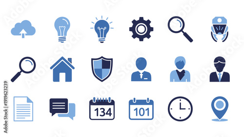 Collection of Blue and White Icons Representing Business and Technology Concepts.