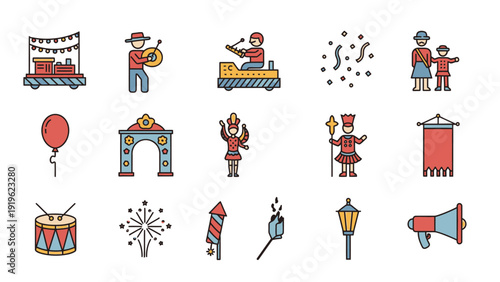 Collection of Colorful Festival and Celebration Icons.