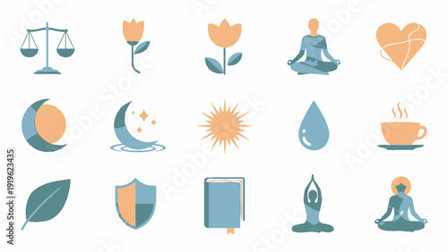 Collection of wellness and spiritual icons including meditation, nature, and balance symbols.