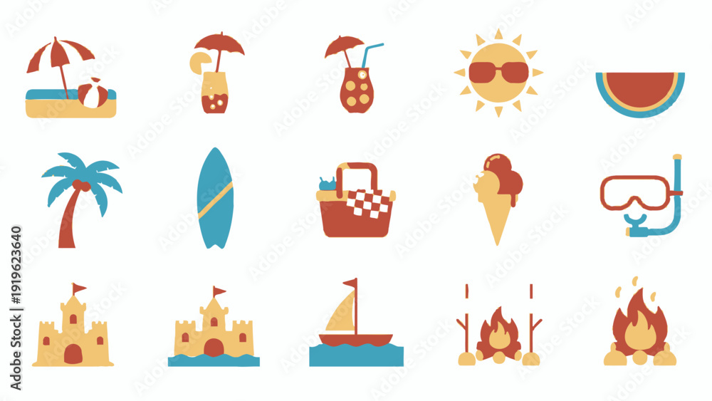 Αυτοκόλλητο Summer Vacation Icons Collection Beach Tropical Holiday Elements.