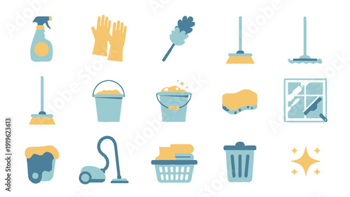 Set of Cleaning Supplies and Tools for Home Maintenance.