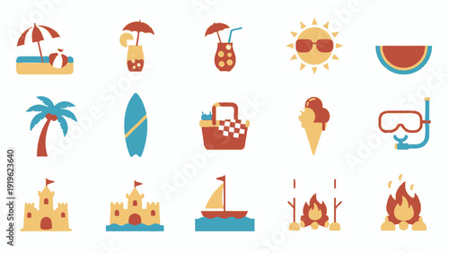 Summer Vacation Icons Collection Beach Tropical Holiday Elements.