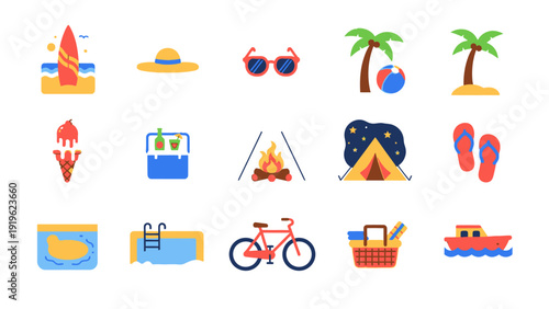 Summer Vacation Icons Set Beach Camping Activities.