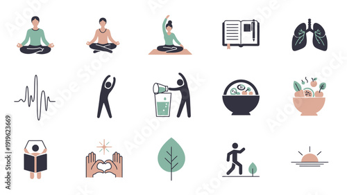 Wellness and Healthy Lifestyle Icons Set with Yoga, Meditation, and Nature Elements.