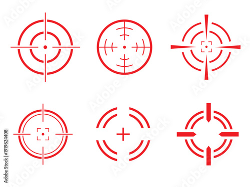 Target and crosshair red icon collection. Includes aim, focus, accuracy, sniper, sight, and shooting archery symbols. Created in flat line style with a red and white palette.
