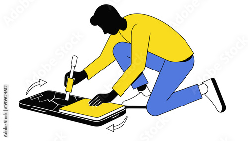 Person carefully replacing a smartphone screen with a new one, isometric illustration showing mobile device repair and technical service.
