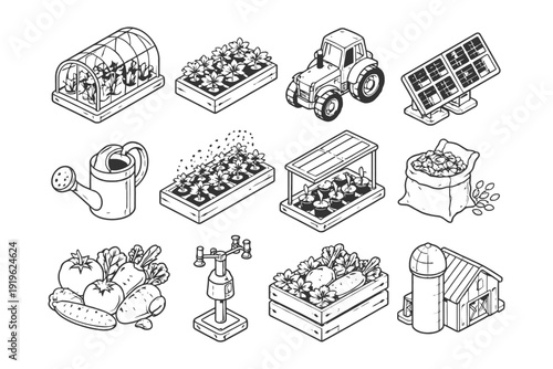 Isometric farm elements collection: greenhouse, tractor, solar panel, crops, barn, tools.