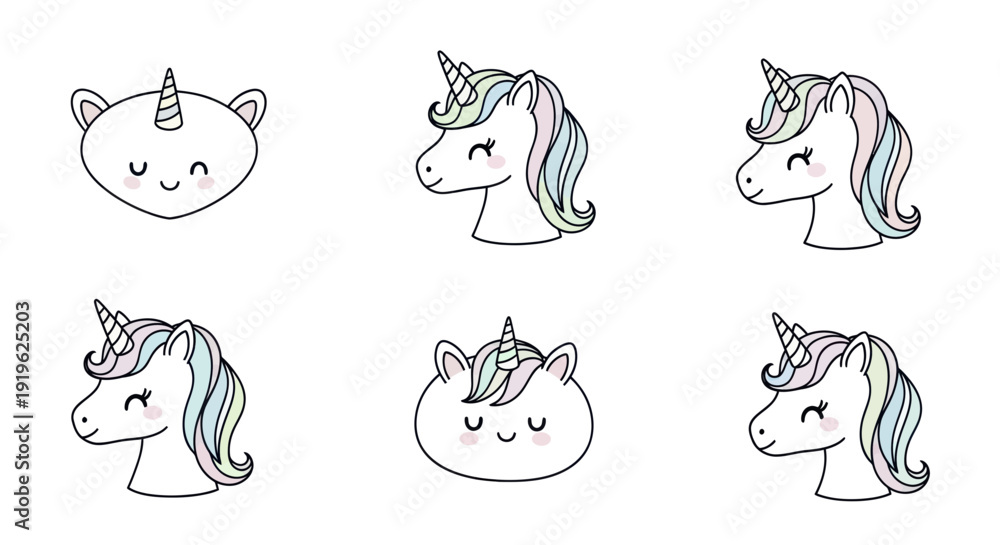 Obraz premium Cute Unicorn Faces Collection, Hand-Drawn Kawaii Style, Pastel Colors