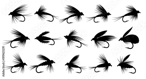 Set of fly fishing lure silhouettes, isolated on white background