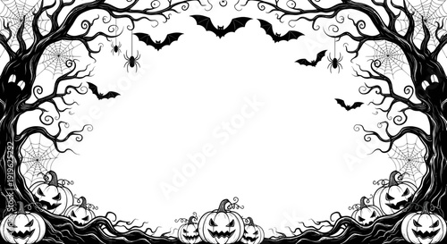Spooky Halloween Frame with Bats, Spiders, and Carved Pumpkins