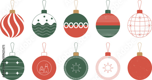 Vintage christmas ornaments in various colors and patterns