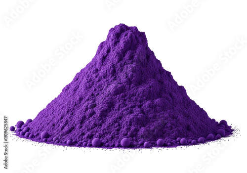 A perfectly sculpted conical heap of finely ground, vibrant royal purple superfood powder isolated in a macro close-up on a stark white background. Concept of nutritional purity and wellness