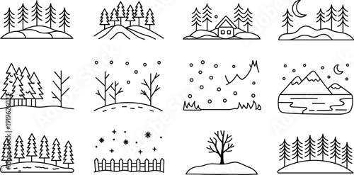 Winter landscape illustrations with trees snow and mountains