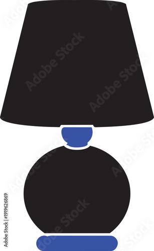 Sophisticated Table Lamp: A stylish table lamp, boasting a sleek black lampshade and a rounded base, casts a soft, inviting glow, perfect for any contemporary living space.