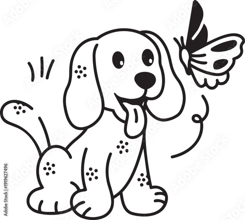 Joyful Puppy and Butterfly: A playful puppy, with a happy expression and wagging tail, delights in the presence of a delicate butterfly, creating a scene of innocent joy and natural connection.