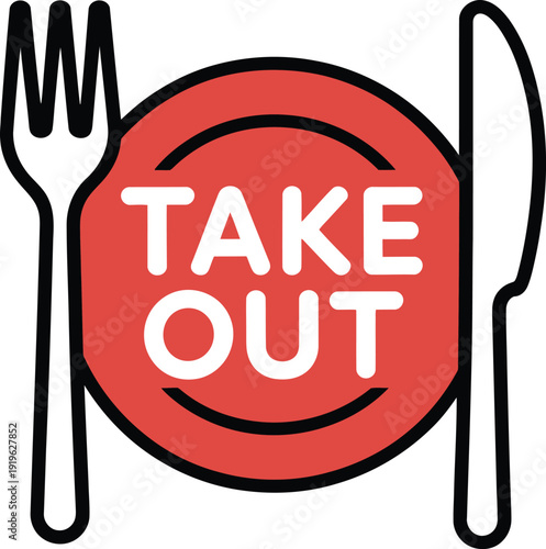 Take Out Food Icon with Red Plate Fork and Knife for Delivery Service