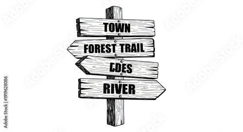 Wooden Signpost with Directions to Town, Forest Trail, Lakes, and River