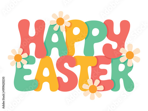 Chunky, rounded letters spell out Happy Easter, adorned with small, daisy-like flowers in warm, inviting tones.