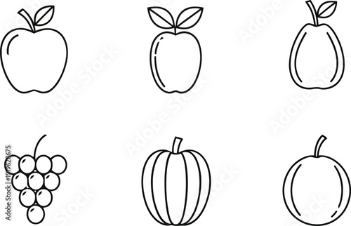 A collection of six simple fruit illustrations