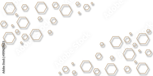 Abstract hexagon border background with gold honeycomb shapes and soft glowing pearls for luxury science and tech design